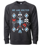 Light black long sleeve sweatshirt with blue writing at the top that says "We Are United". Below is a geometric pattern of flowers and diamonds in white, red, and blue. 